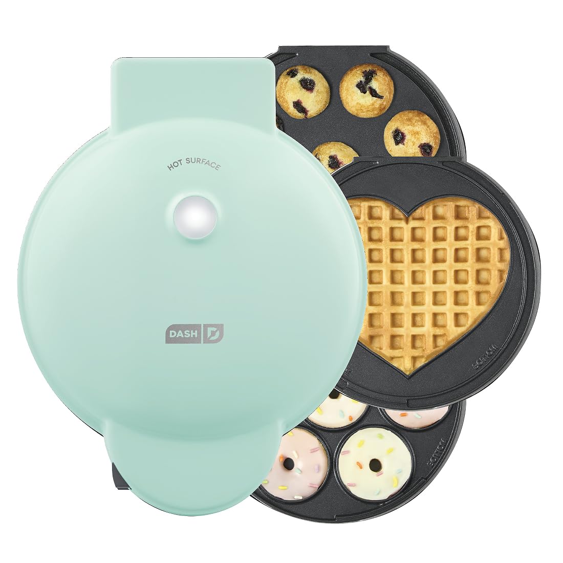 Dash MultiMaker® Treat Maker System - Make Mini Donuts, Cupcakes & Heart-Shaped Waffles - Interchangeable Plate Design - dishwasher safe Parts for Easy Cleanup - Aqua