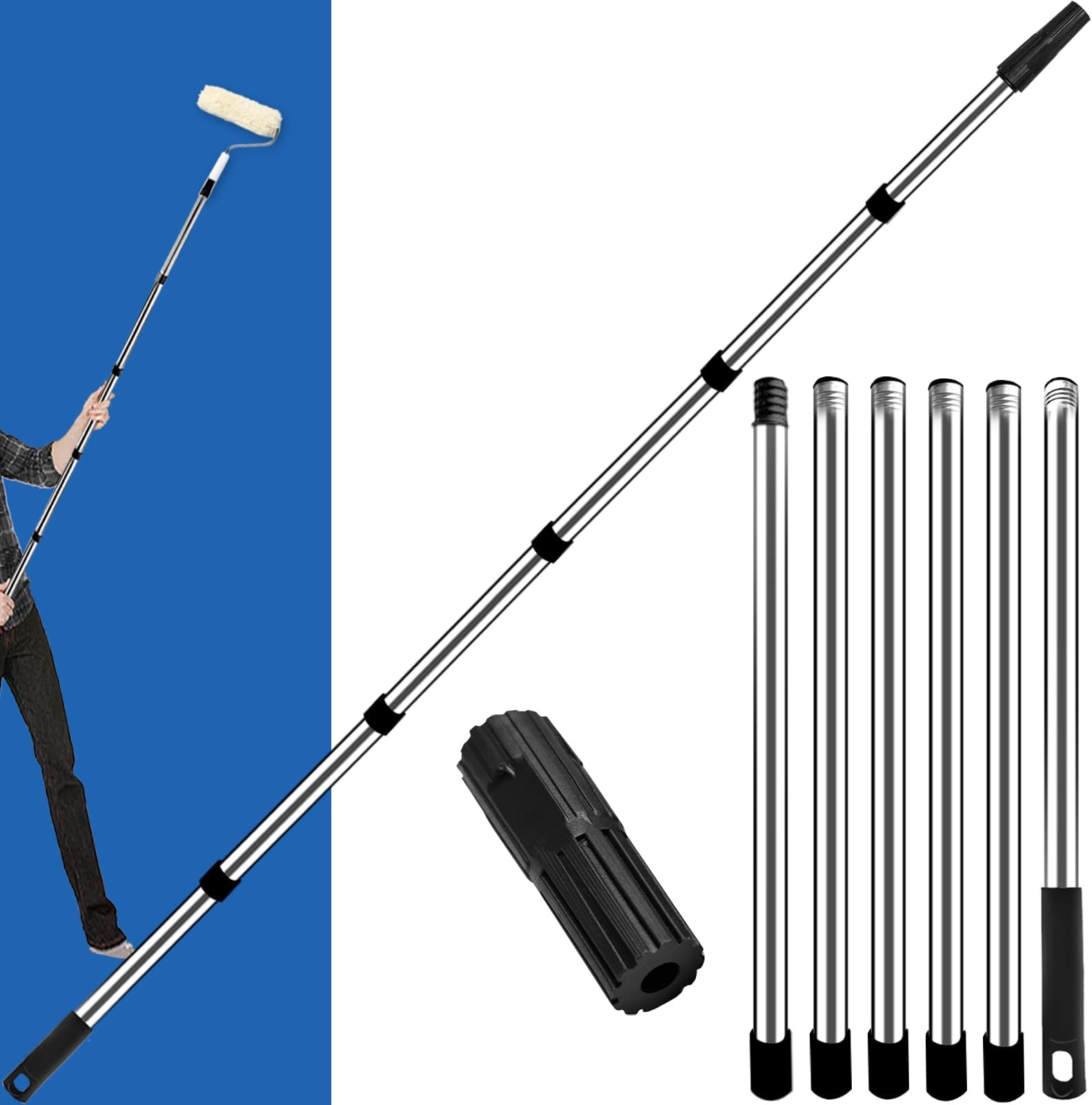 Paint Roller Extension Pole 2.4m, 6 Segmented Lightweight Stainless Steel Telescopic Pole, Extension Pole with Tapered Adapter, Extendable Roller Pole for Painting and Cleaning Tools