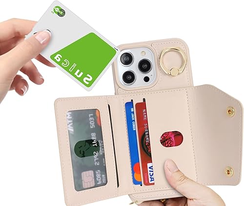 Miniatura 4 de Funda para iPhone 13 Pro Max con tarjetero y correa, bolsillo con cremallera, correa cruzada con cordón, soporte para tarjetas de crédito, anillo de