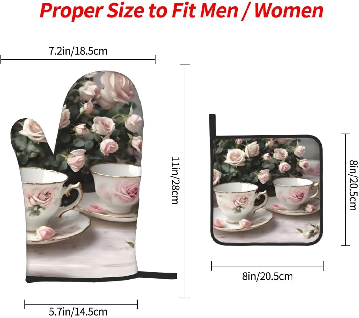 Tea Cups with Roses Romantic Shabby Print Heat Resistant Microwave Gloves, Used for Baking, Cooking, and Fashion Kitchen Essentials