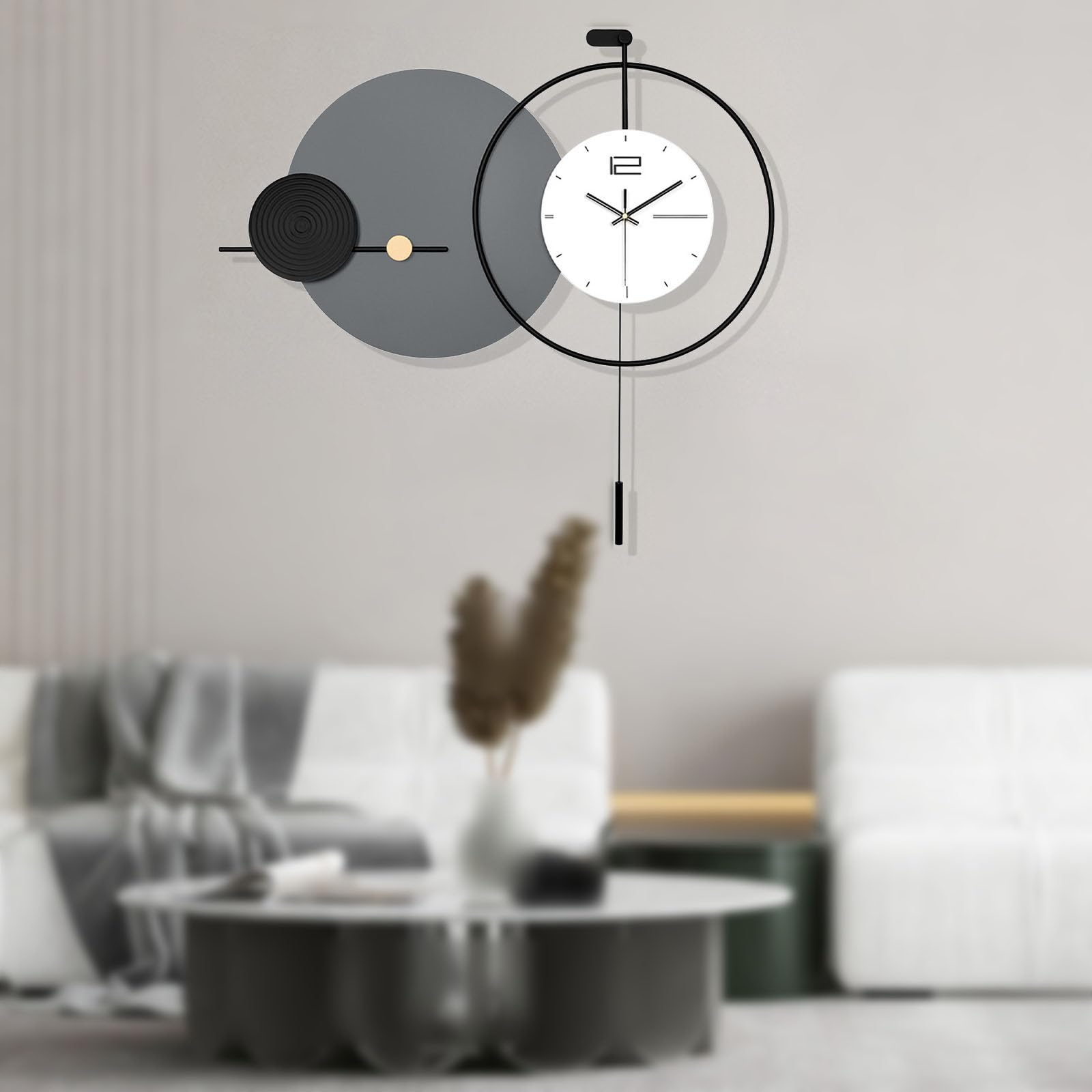 Große Wanduhr, Stille Wanduhren für Wohnzimmer Dekoration, Minimalistisch Modern Wanduhr mit Pendel, Batteriebetrieben für Schlafzimmer Küche Büro Haus