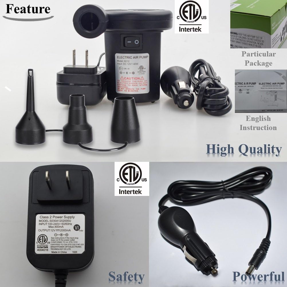 Air Pump Electric Portable Quick-Fill Air Pump with 3 Nozzles, 110V AC/12V DC, Perfect Inflator/Deflator Pumps for Outdoor Camping, Inflatable Cushions, Air Mattress Beds, Boats, Swimming Ring,Pool