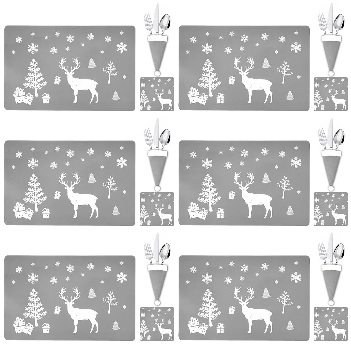 MQIAN 18 Pcs Set Christmas Placemats, 6 Placemats, 6 Coasters, 6 Cutlery Holders, Grey, Perfect for Families Restaurants