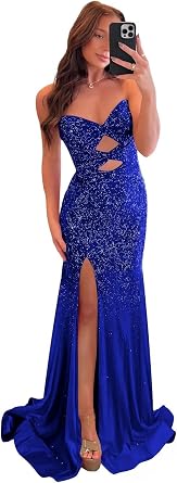 Bolodoo Sparkly Sequin Prom Dresses for Women Long Mermaid Strapless Formal Gown with Slit