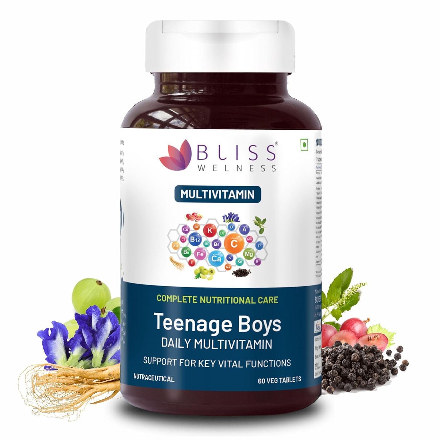 Bliss Welness Multivitamin For Teenage Boy with Minerals, Brahmi, Shankpushpi, Ginkgo Biloba, Ginseng & Ashwagandha for Strength, Stamina, Immunity & Bone/Muscle Health - 60 Tablets