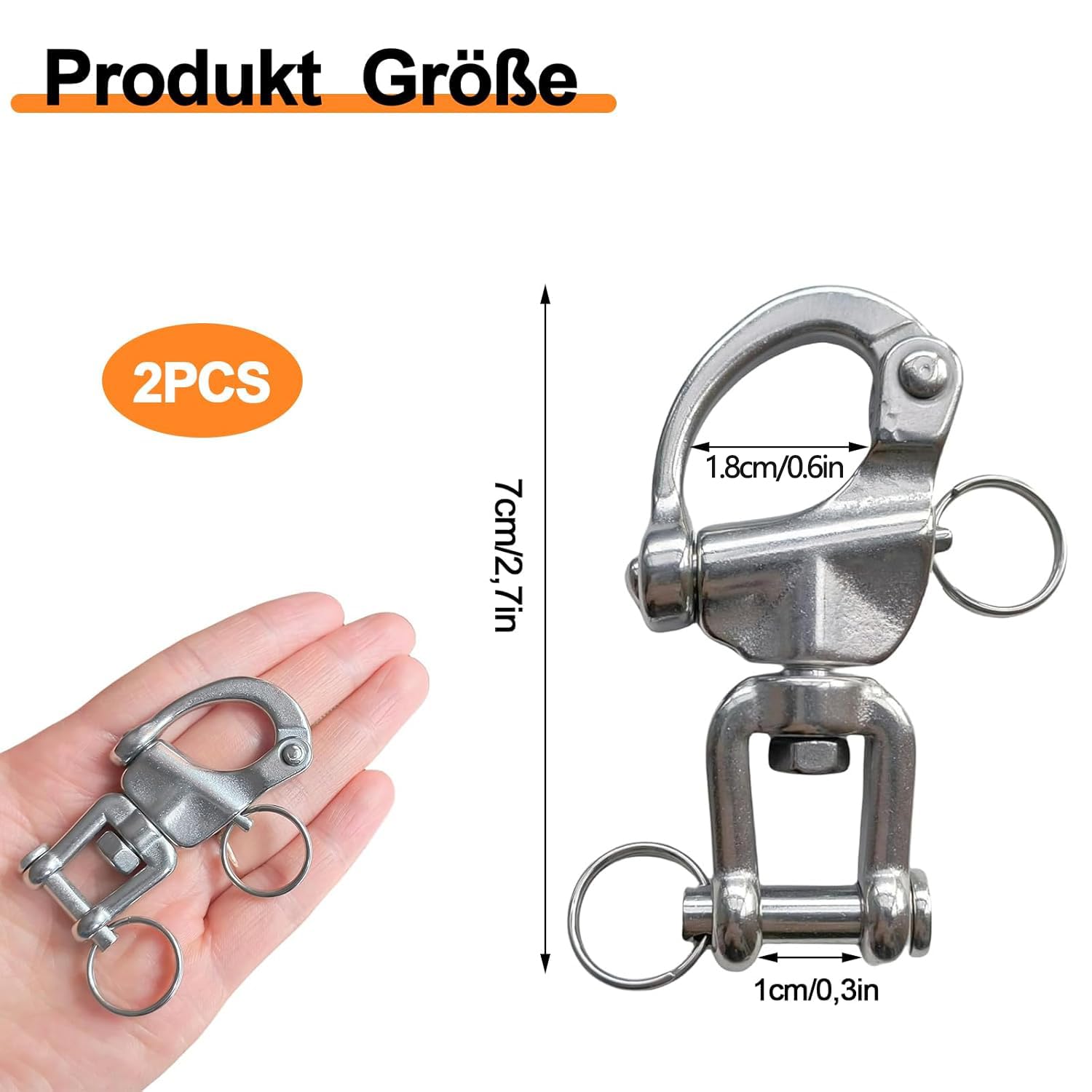 Manille en acier inoxydable,Pack de 2 crochets anti-panique à manille, mousqueton, manille émerillon, émerillon inox, pour drisse de spi de voilier 70 mm
