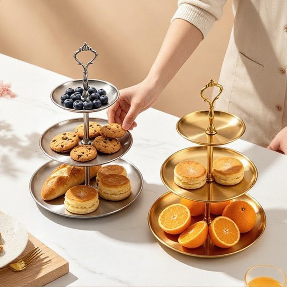 Présentoir à gâteau rond à 3 étages en acier inoxydable pour cupcakes et collations, plateau à gâteau empilable pour mariage, anniversaire, fête, facile à nettoyer, doré/argenté (or)
