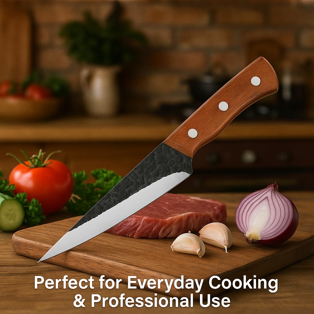 Machado Utility Knife | Hammered Stainless Steel Kitchen Knife with Wooden Handle | Sharp Multipurpose Knife for Cutting, Slicing & Chopping | Professional Chef & Home Use