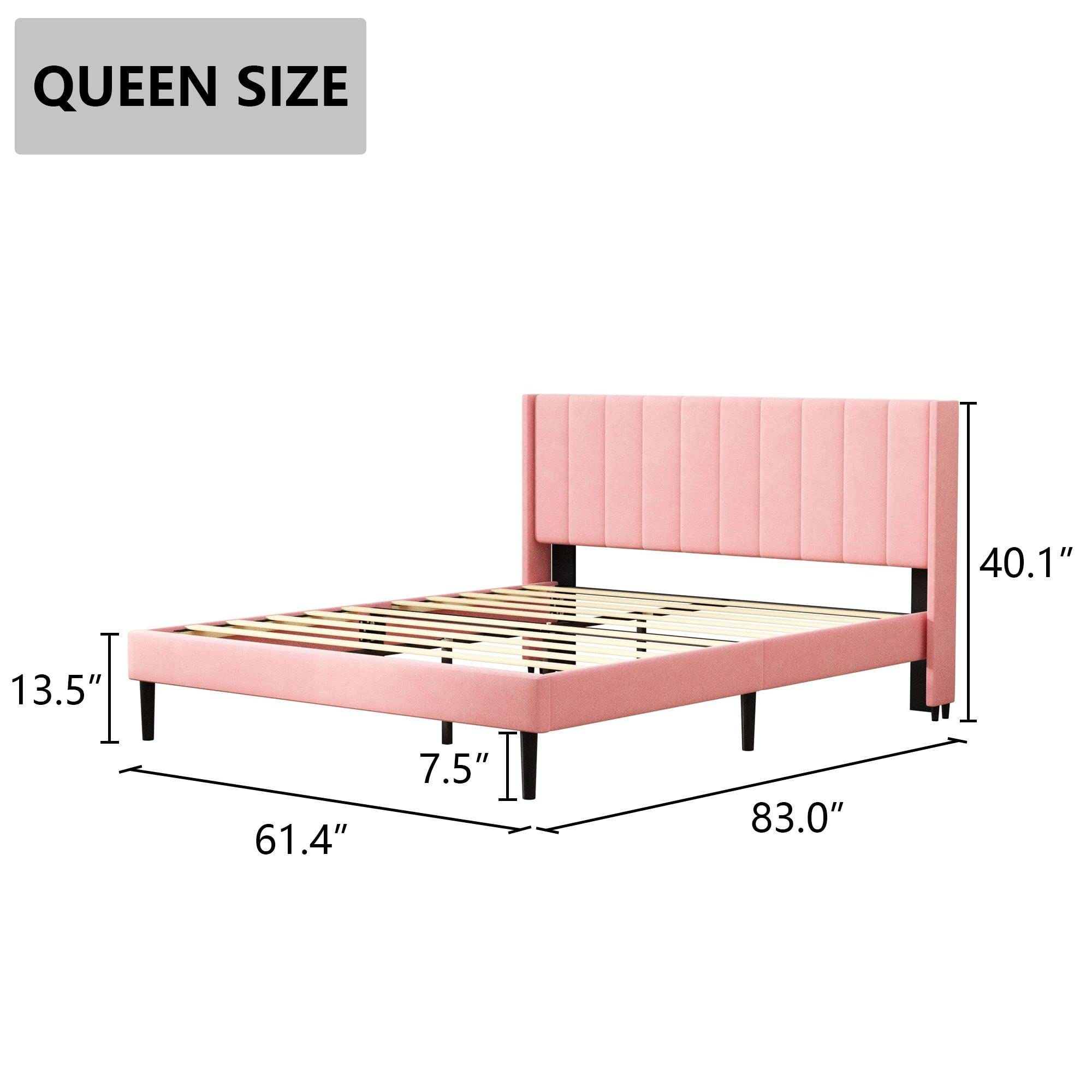 JiuZhou Pink Queen Platform Bed Frame with Soft Velvet Headboard/Metal Foundation/Wooden Slats Support, Noise-Free, No Box Spring Needed