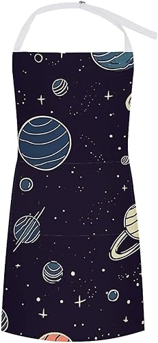 Space Planet Pattern Aprons Waterproof Cooking Kitchen Apron Unisex Adjustable Bib Apron with Pocket Restaurant Chef Works Aprons for Waitress Waiter