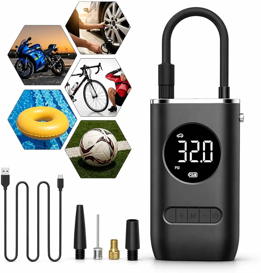 Compressor de Ar Digital Portátil – Calibrador de Pneus Recarregável com Lanterna LED para Carro, Moto e Bike