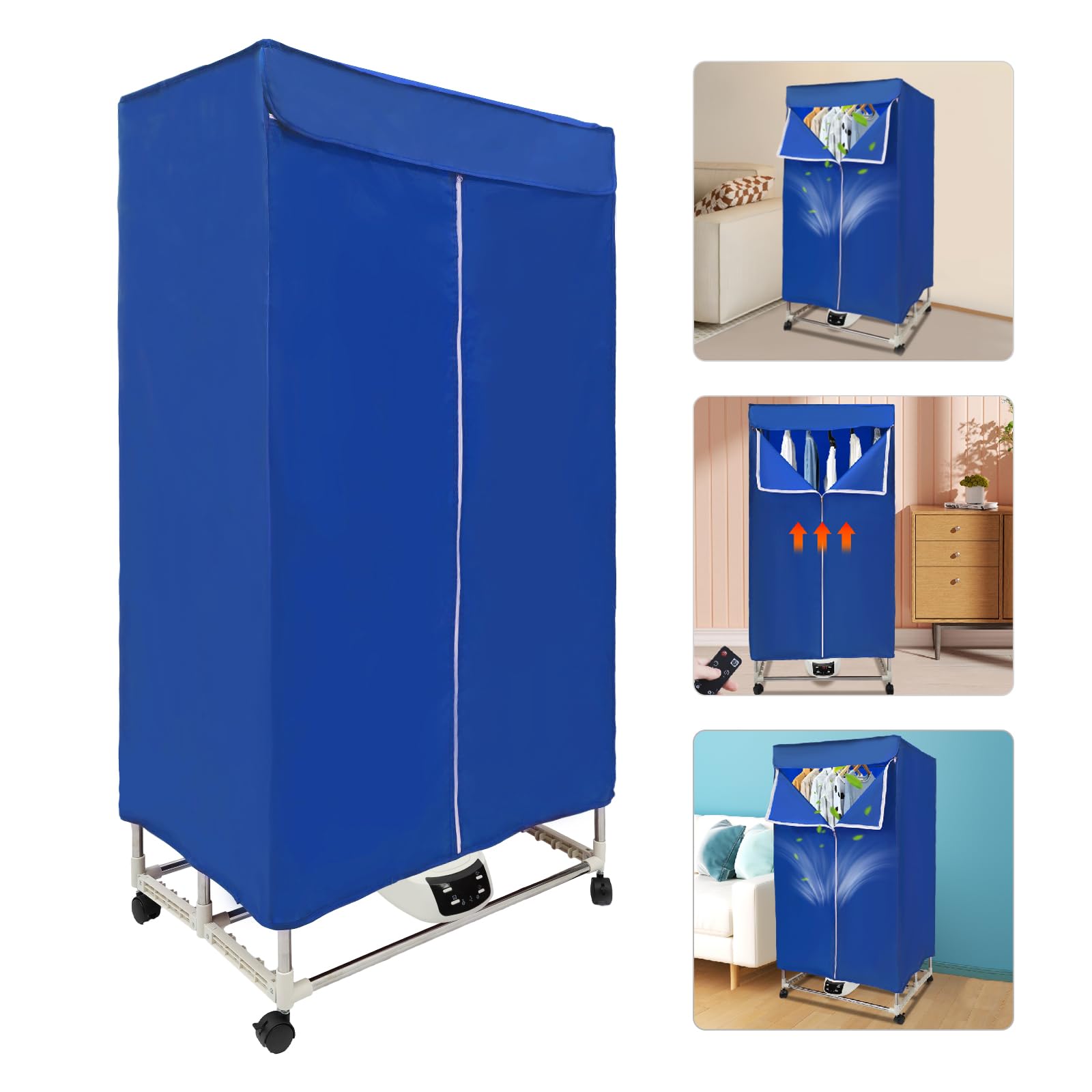 Secadora de ropa, secadora eléctrica con temporizador, 1500 W, secadora multifuncional con mando a distancia y cubierta exterior, plegable, secador de bomba de calor (azul)