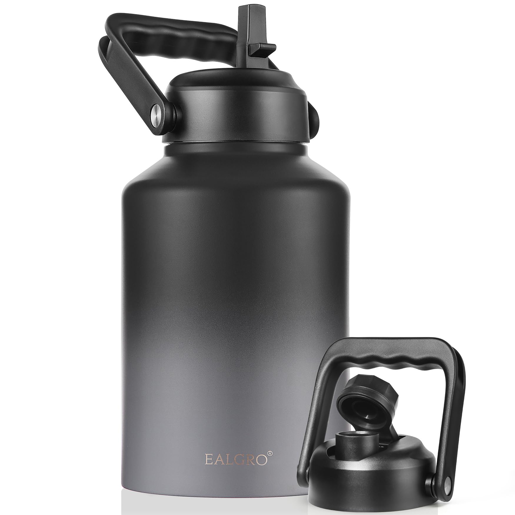 EALGRO Botella de agua aislada de un galón con popote, 3,628.7 g, grande, de acero inoxidable, deportiva, de metal, con asa, taza térmica para agua con 2 tapas, negro y gris