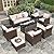 HERA'S HOUSE Outdoor Patio Furniture Set with 56" Fire Pit Table, 8 Pieces Comfortable Brown Wicker Conversation Set with Waterproof Cushions for Lawn Garden Deck Backyard, Beige