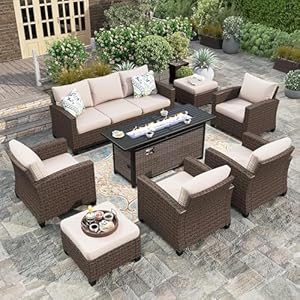 HERA’S HOUSE Patio Furniture Sets Outdoor Furniture with 56″ Fire Pit Table, 8 Pieces Rattan Wicker Sectional Conversation Set with Waterproof Cushions for Deck Backyard, Beige/Brown