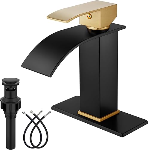 Midanya Grifo de baño con boquilla de cascada, de un solo orificio o montaje en cubierta de 3 agujeros, grifo de fregadero de acero inoxidable 304