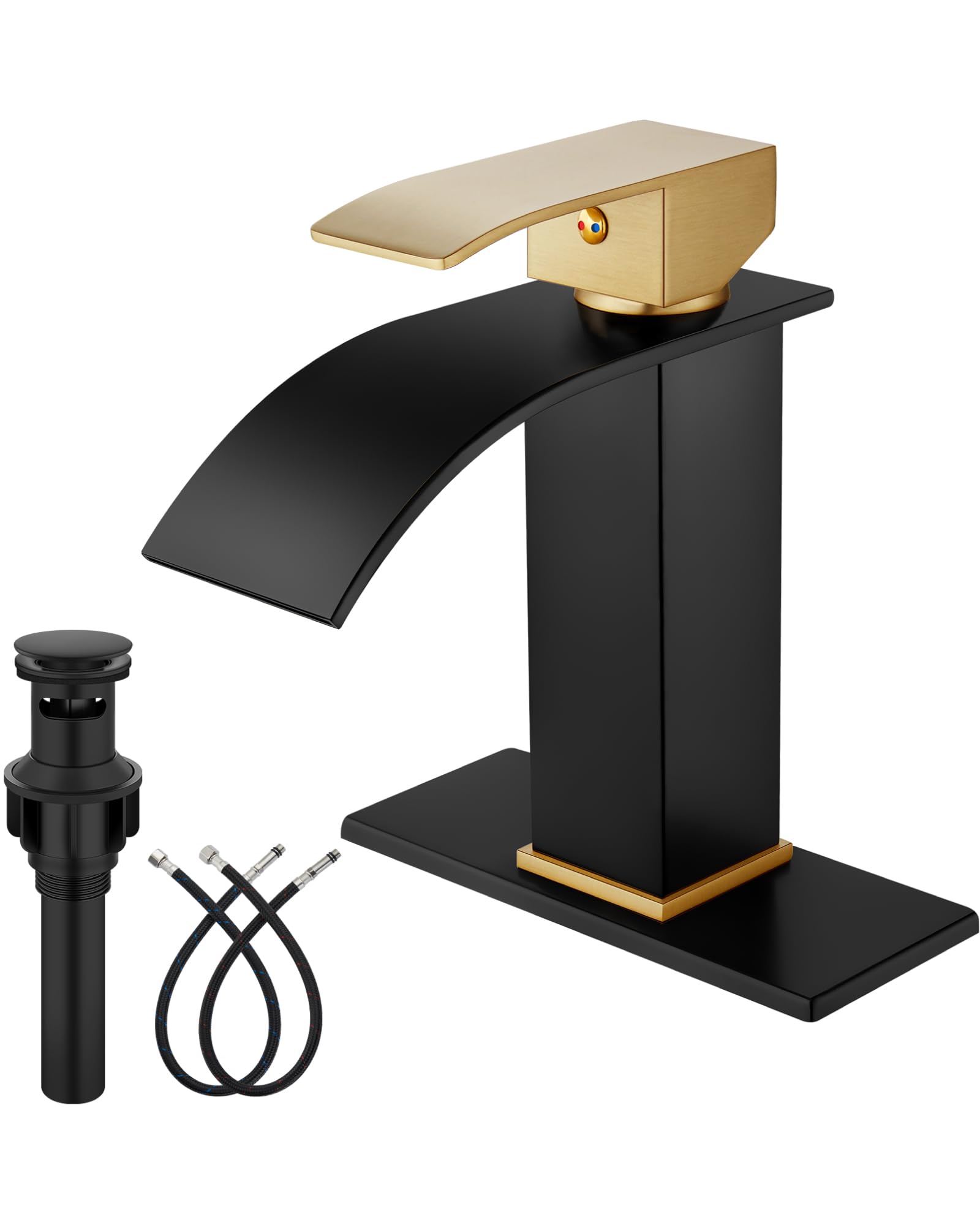 Midanya Bathroom Faucet with Waterfall Spout, Single Hole or 3-Hole Deck Mount, 304 Stainless Steel Sink Faucet with Pop-Up Drain, RV Vanity Compatible,Brushed Gold Handle/Matte Black