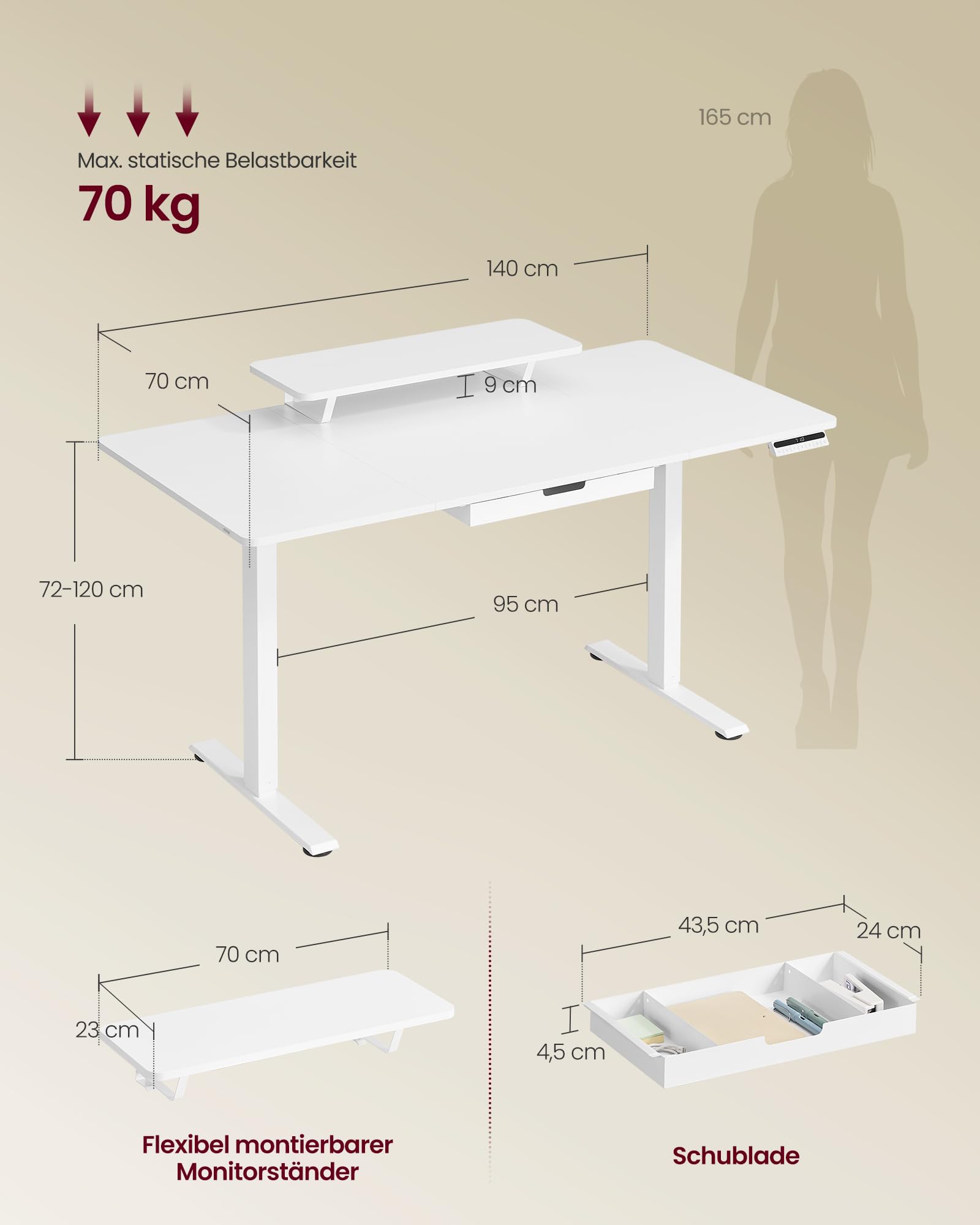 VASAGLE Höhenverstellbarer Schreibtisch, 140 x 70 cm, flexibel montierbarer Monitorständer, Schublade, USB-C-Anschluss, Erinnerung bei langem Sitzen, für Büro, wolkenweiß LSD154WB01