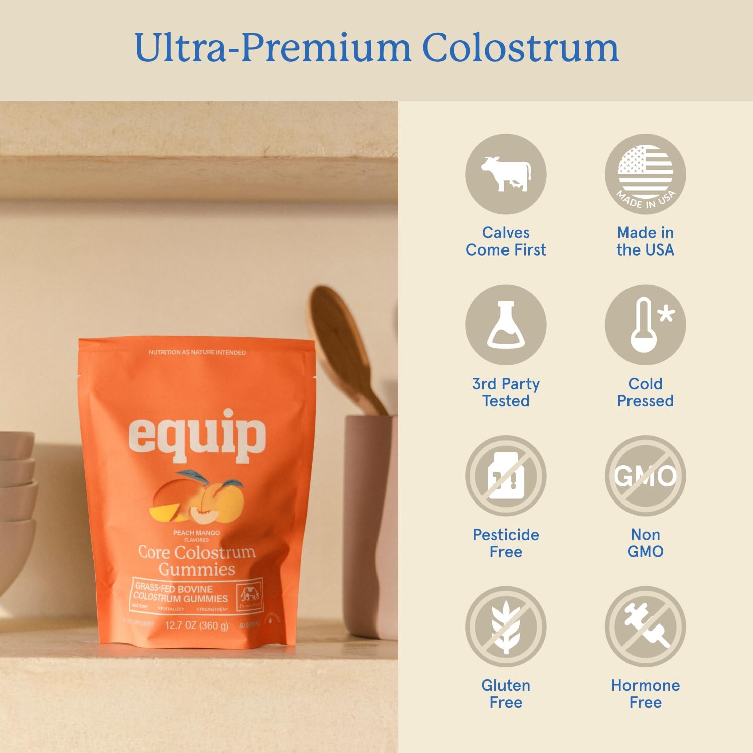 Equip Foods Core Bovine Colostrum Gummies, Delicious 1g Per Seving Grass Fed Colostrum Supplement - Gut Health, Immunity, Recovery, Hair & Skin - 60 Bovine Colostrum Gummies, 30 Servings, Peach Mango - Image 5
