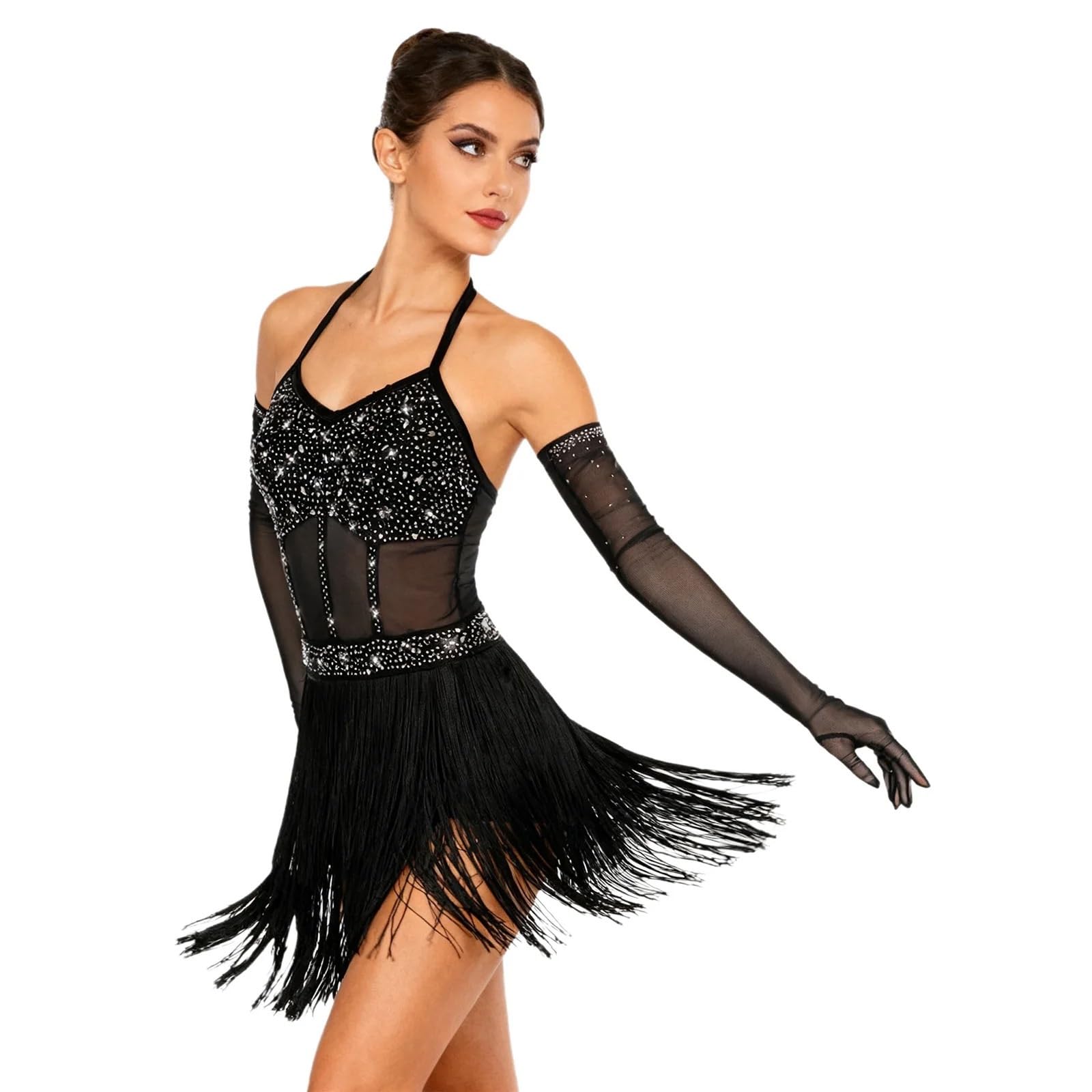 Latin-Tanzkleid mit Fransen Damen-Bodysuit for lateinamerikanischen Tanz, durchsichtiges Mesh-Patchwork mit abgestuften Quasten für Aufführung