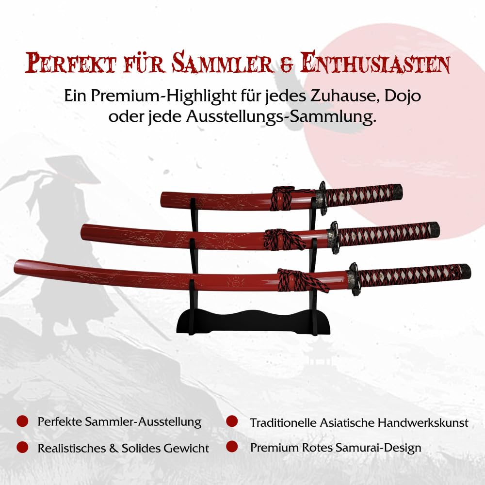 Handgeschmiedetes Samurai Schwert Set Rot (3-teilig) | Katana, Wakizashi & Tanto aus 1050 Kohlenstoffstahl | Inkl. Ständer & Pflegeset | Traditionelles Daisho für Sammler