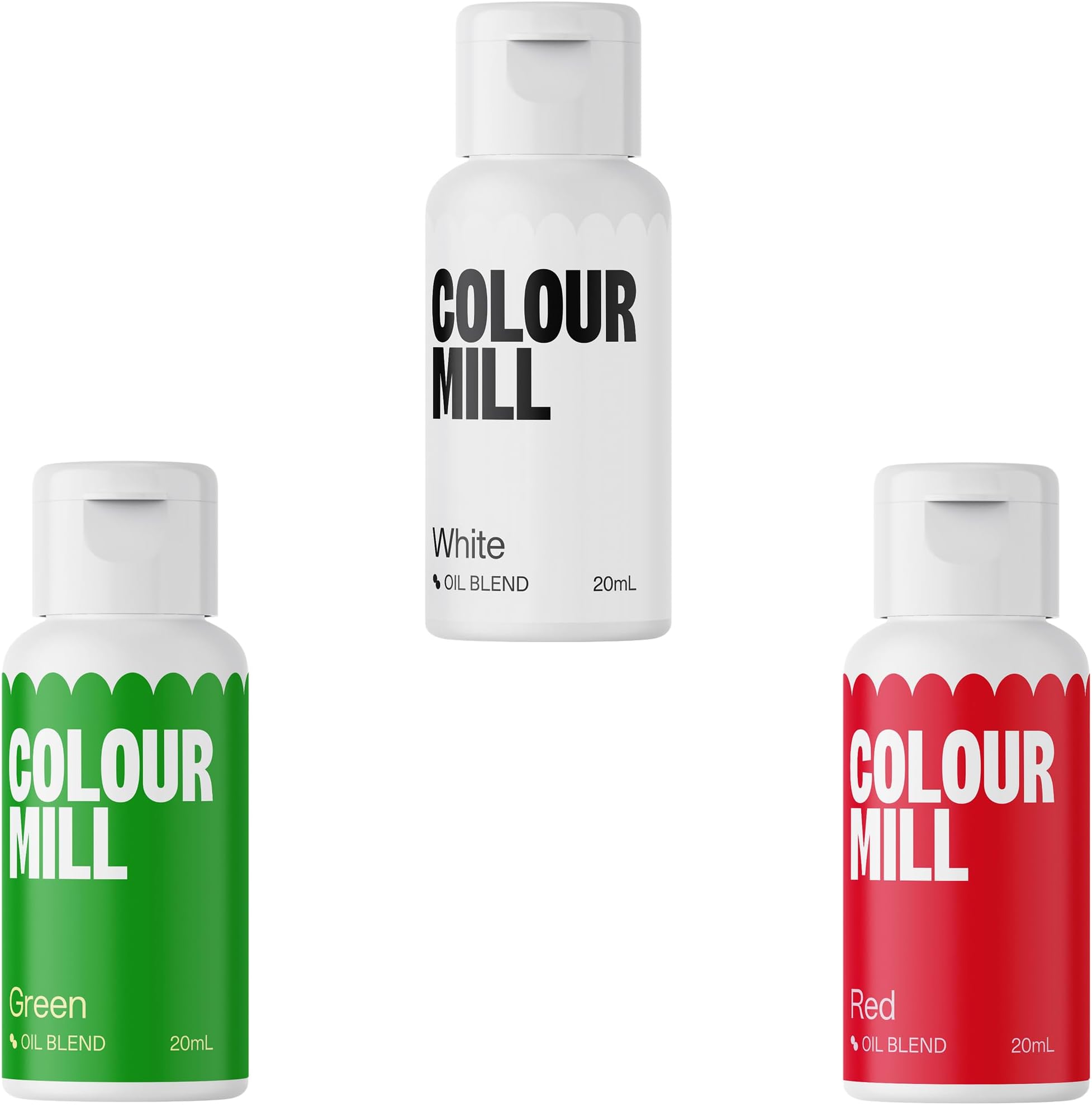 Colour Mill Oil-Based Food Coloring, 20 Milliliters (Red, Green & White Christmas Set)
