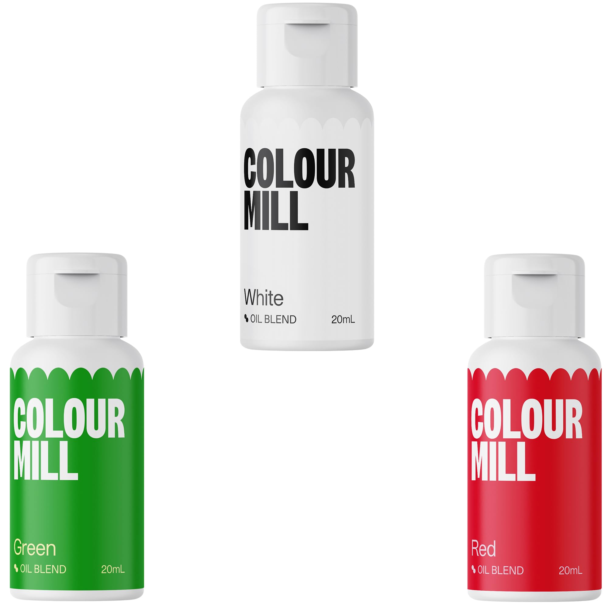 Colour Mill Oil-Based Food Coloring, 20 Milliliter Christmas Set Each of 3 Colors: Red, Green & White,Red, Green & White Christmas Set