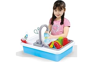 Kids Role Play Kitchen Sink with Running Water - 20 Piece Electric Dishwashing Toy