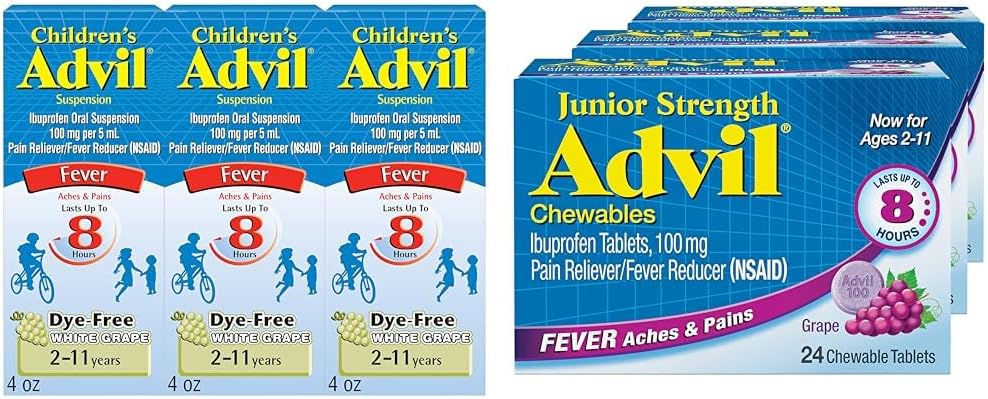 Advil Children's Pain Reliever and Fever Reducer, Dye Free Liquid Ibuprofen for Children (Pack of 3) and Advil Junior Strength Chewable Ibuprofen Pain Reliever and Fever Reducer, Grape Flavored Tablets for Children (Pack of 3)
