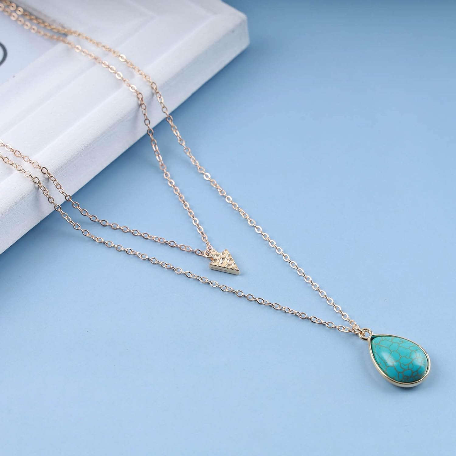 Boho Layered Turquoise Necklace Turquoise Gemstone Pendant Necklace Teardrop Turquoise Necklace Chain Gold Geometric Triangle Choker Necklace Jewelry for Wome - Image 6
