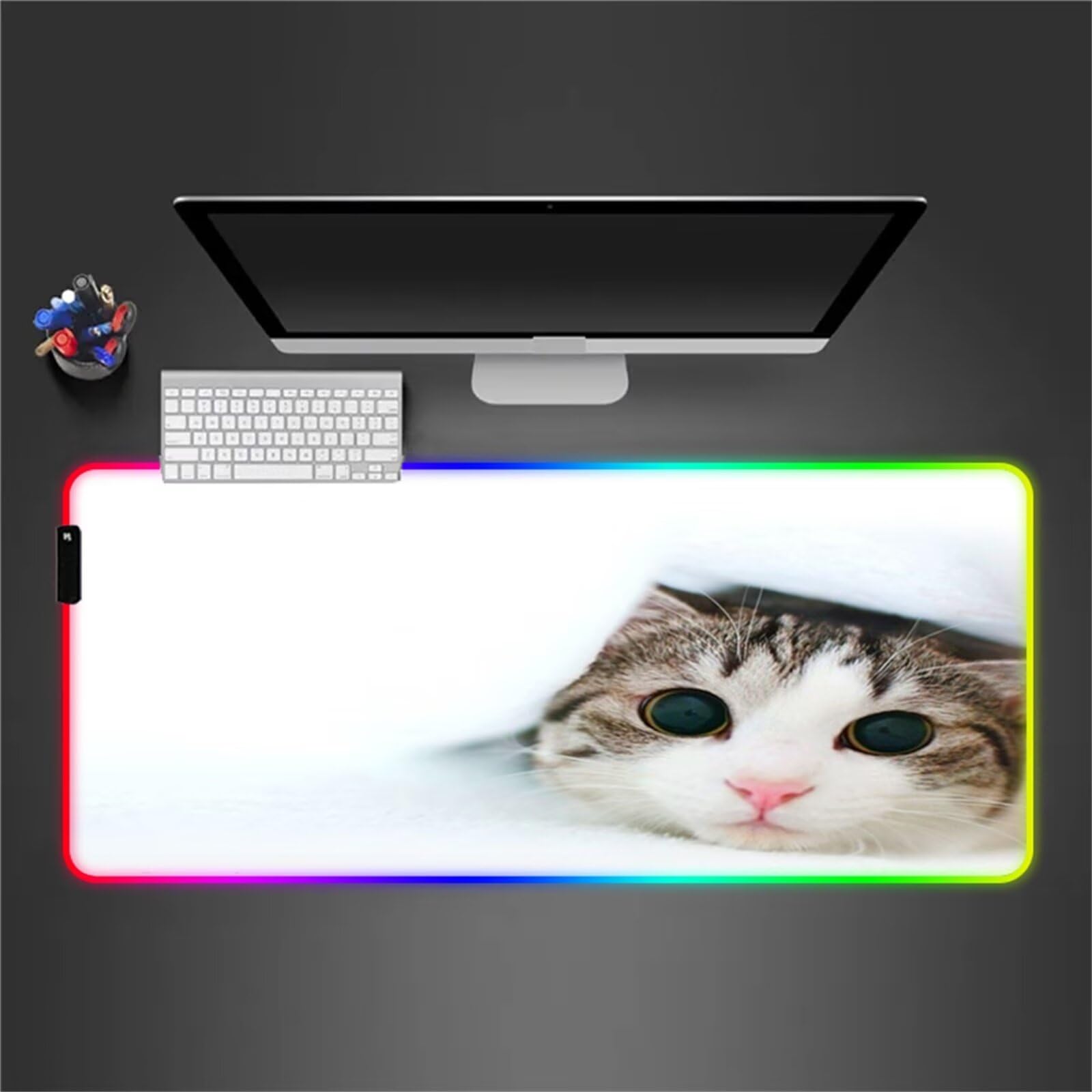 Tappetino per Mouse RGB Gatti Carini Grande Tappetino per Mouse da Gioco LED con 14 Modalità di Illuminazione Tappetino Antiscivolo per Laptop Ufficio e Scrivania 900x400x4mm