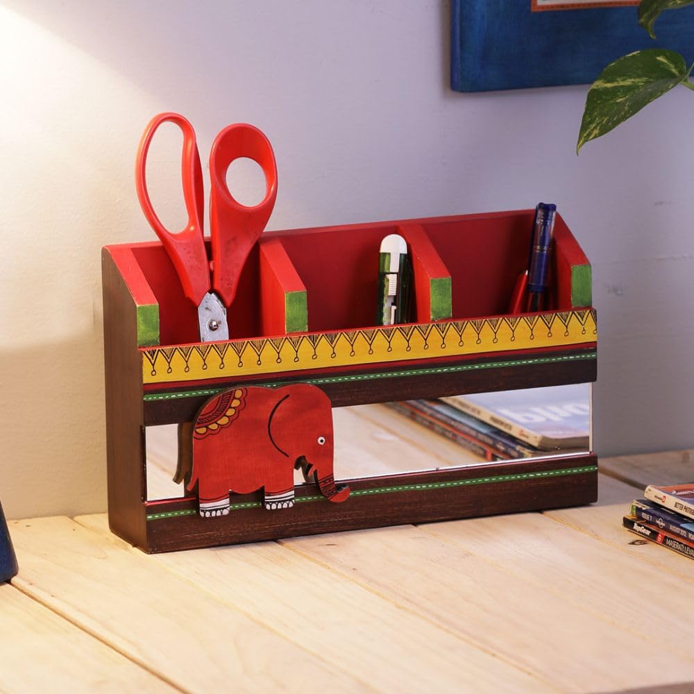 VarEesha Hand-made Solid Wood 3 Compartments Pen Stand| Multipurpose Wooden Pen Holder for Desk Study Table| Handmade Wood Desk Organizer| Brush Holder| Gift for Kids| Corporate Gifts