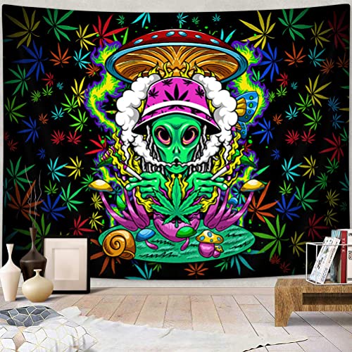 Weed Tapestry Trippy Cool Alien Stoner Tapestry For Men Psychedelic Mushroom Snail Tie Dye Tapestry For Bedroom Aesthetic Colorful Cannabis Marijuana Leaf For Living Room Dorm Wall Decor, (60X40) #TOP1