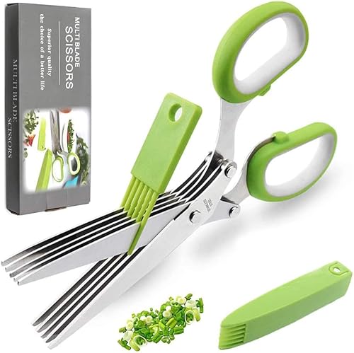 Miniatura 1 de Juego de tijeras para hierbas con 5 cuchillas de acero inoxidable, cubierta segura y peine de limpieza, tijeras multiusos para cortar cocina,