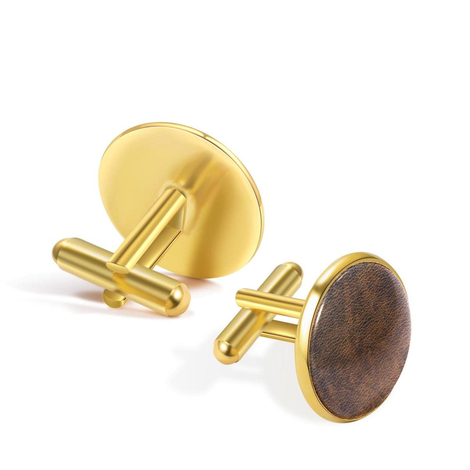Gemelli in oro personalizzati per camicia da smoking in pelle marrone, 20mm*20mm, Acciaio inossidabile, Quarzo creato