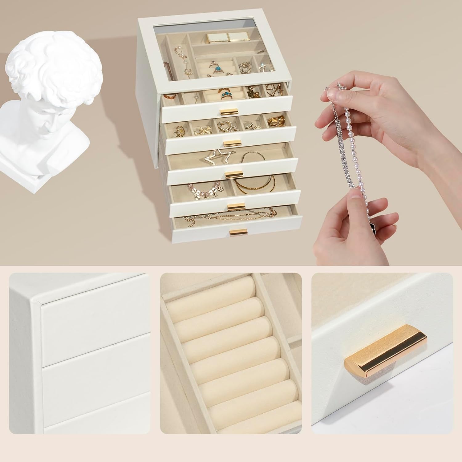 Jewelry Box with Glass Lid, 5-Layer Jewelry Organizer for Women Girls, PU Leather Display Case with 20-Grid Earring Tray & Movable Dividers for Necklaces Rings - Cloud White