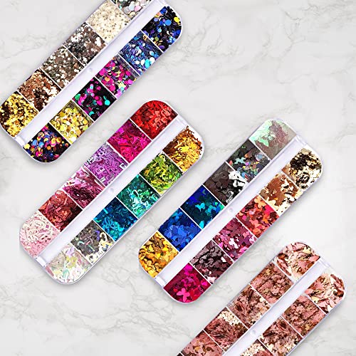Addfavor 4 Boxes Nail Glitter Sequins Kit Mixed Shape Holographic Butterfly Flower Round Heart Nail Art Flakes For Women Girls Body/Face/Hair/Acrylic Nails Decoration Designs Accessories #TOP6