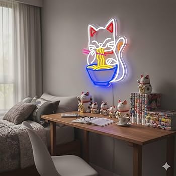 Fortune Cat Ramen Neon Sign, Dimmable Japanese Lucky Cat Noodle