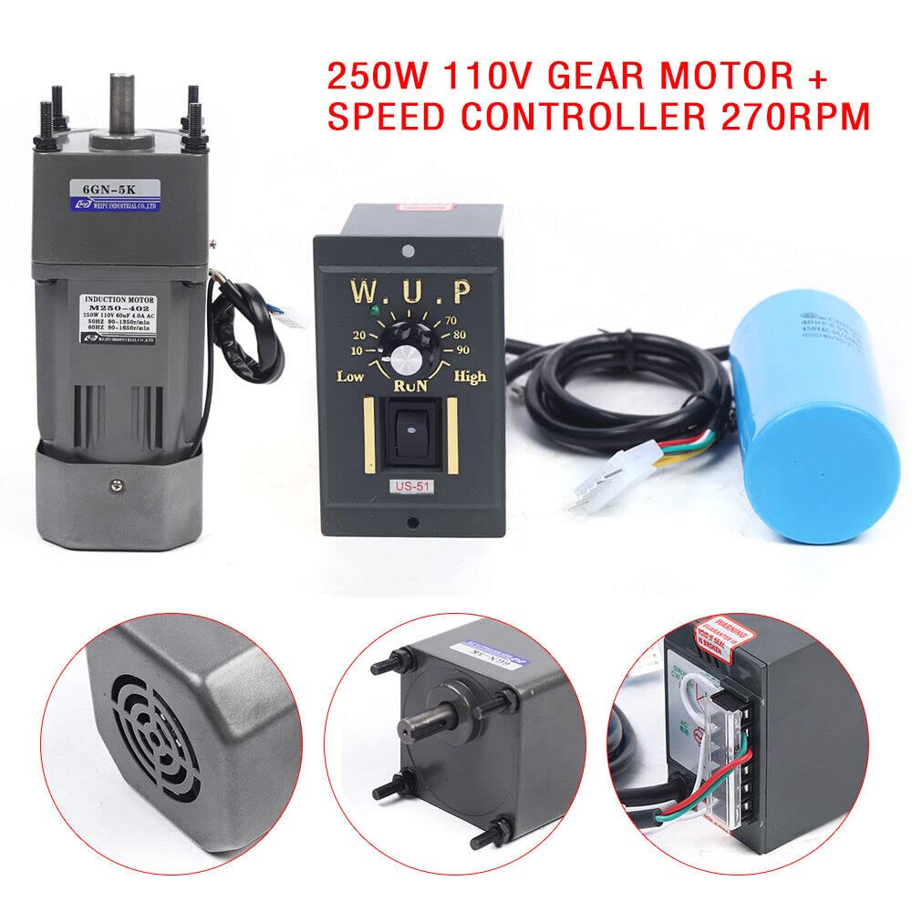 AC Gear Motor Reducer, 110V 250W 5K Electric Single-Phase Gear Motor Reversible Motor with Variable Speed Adjustable Controller Governor Geared Motor 270 RPM