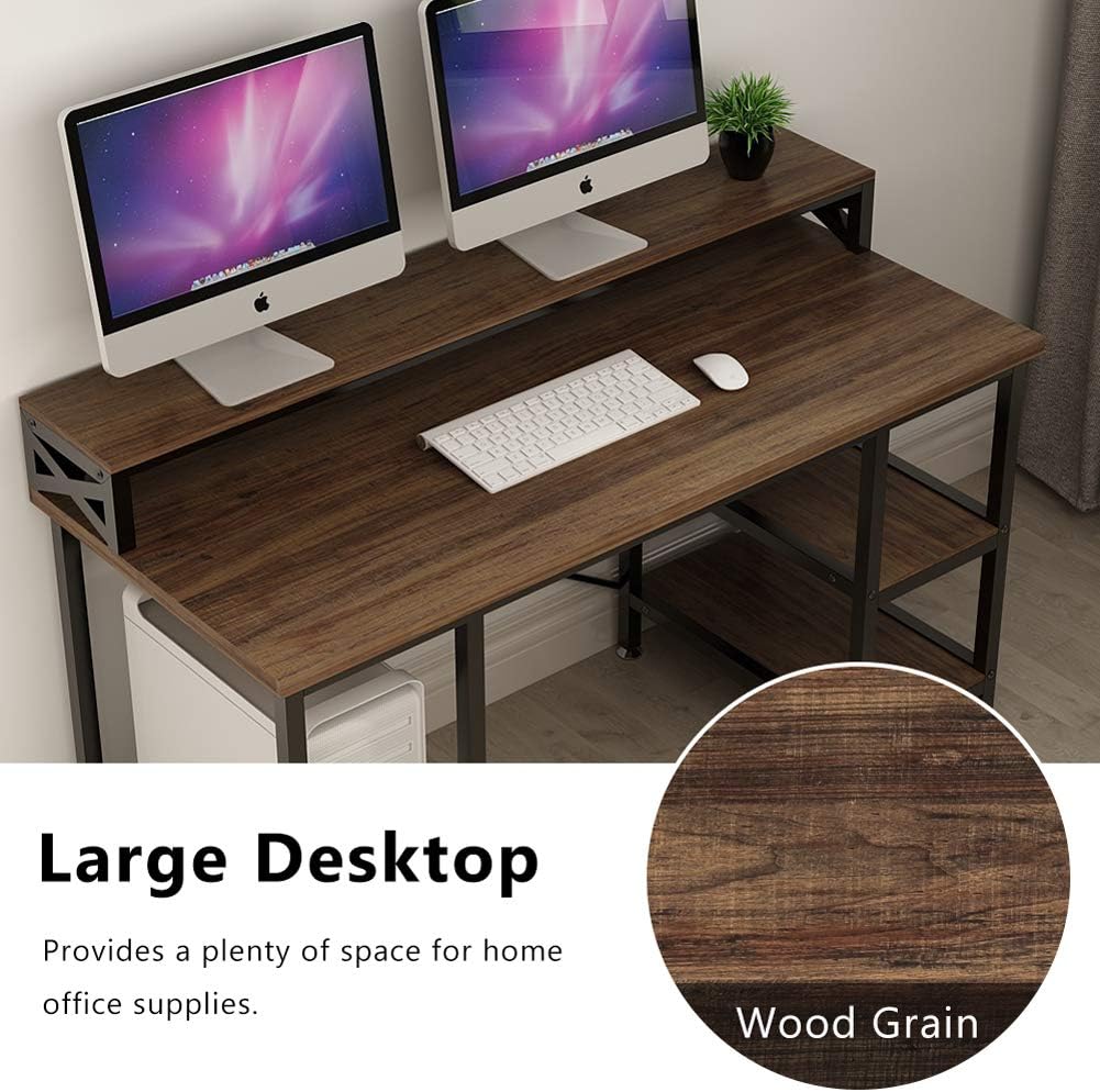 Tribesigns Computer Desk with Storage Shelves, 55 inch Large Modern Office Desk Computer Table Studying Writing Desk Workstation with Hutch for Home Office (Retro Brown)