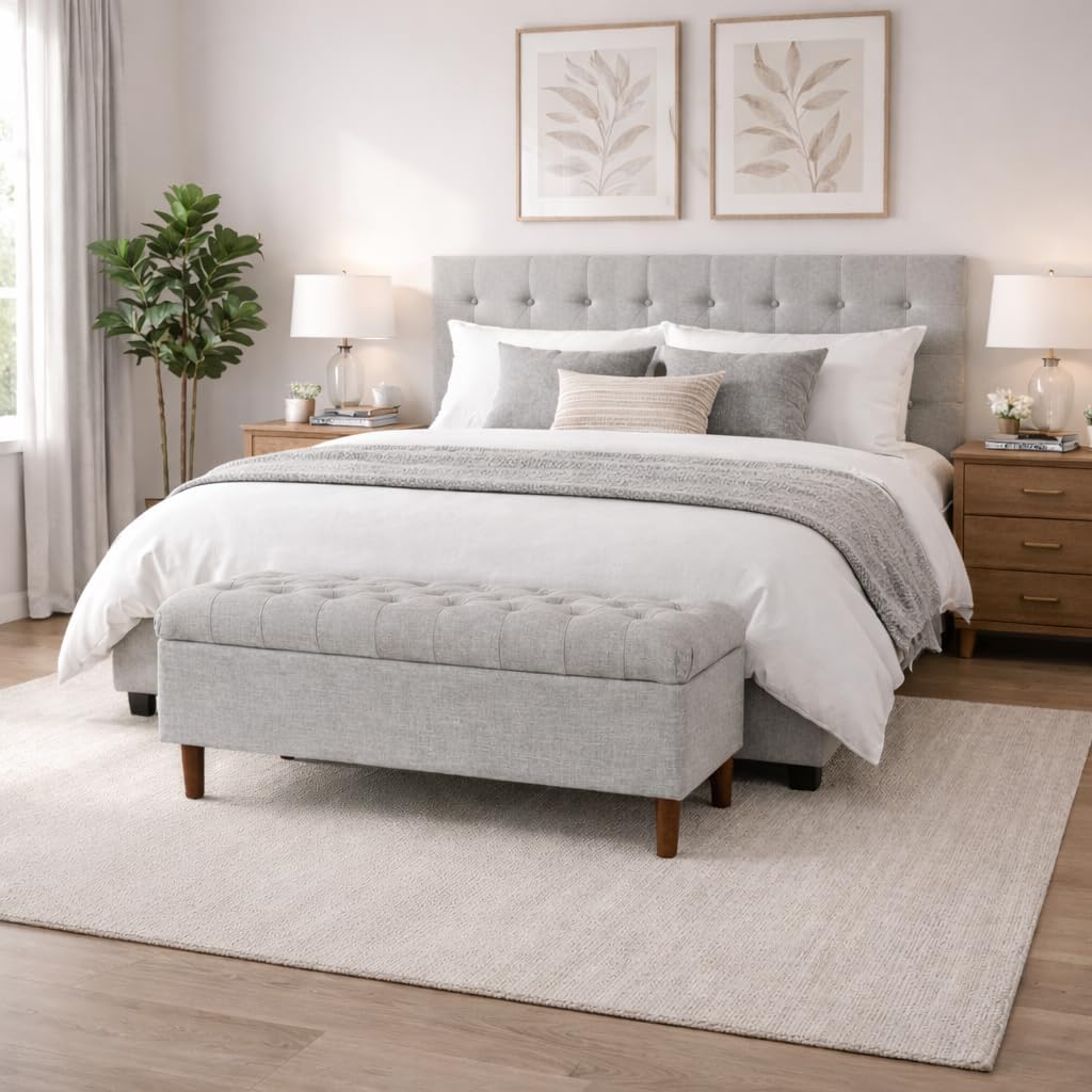 Homepop Home Decor | Tufted Ainsley Button Storage Ottoman Bench with Hinged Lid | Ottoman Bench with Storage for Living Room & Bedroom,Gray Woven