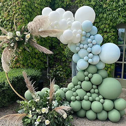Sage Green And Blue Balloon Garland Kit With Arch Kit, 18 10 5 Inch Balloons In Matte Olive Eucalyptus, Dusty Light Blue, White, Gold Confetti, Baby Shower Birthday Wedding Bridal Party Decorations #TOP4