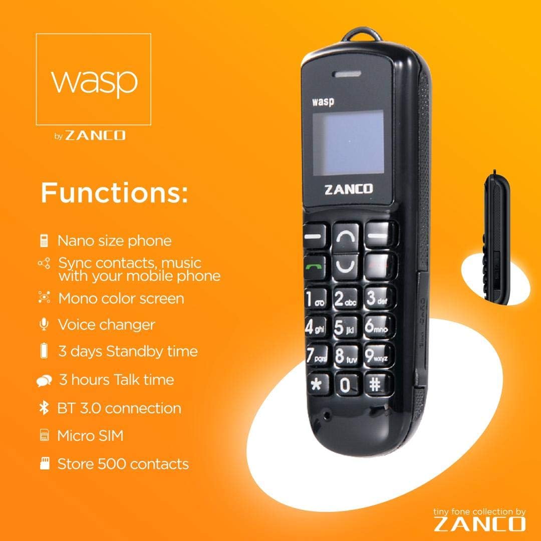 NEW 2017 ZANCO WASP PHONE WORLDS SMALLEST THINNEST MOBILE BLACK SMS BT MUSIC BT DIALER MP3 UNLOCKED CE ROHS WCDMA & GSM sold by phones 4u ltd