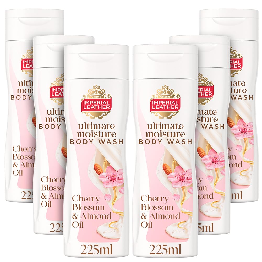 Imperial Leather Ultimate Moisture Cherry Blossom & Almond Oil Body Wash, Ultra Rich Lather & Soothing Fragrance, Suitable for Sensitive Skin, Vegan & Cruelty Free (225ml), Multipack 6 x 225ml
