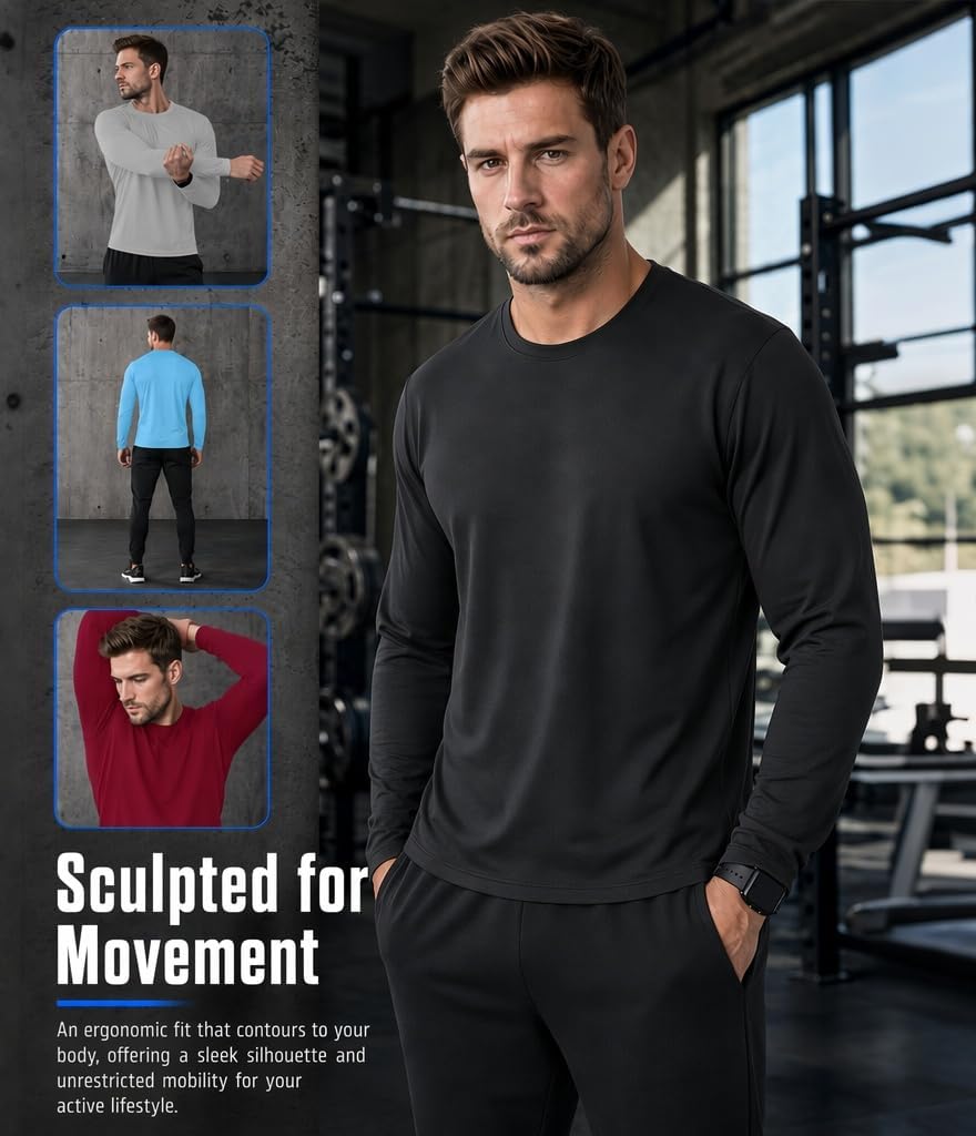 Kinglaman 5/7 Pack Men's Dry Fit Long Sleeve UV Protection Workout Shirts | UPF SPF Sun Block, Breathable Lightweight Fabric, Quick Dry, Moisture Wicking, for Running, Hiking, Outdoor Sports