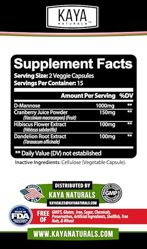 Kaya Naturals - D-Mannose - Urinary Tract Ut Cleanse & Bladder Health - Made With Cranberry, Hibiscus & Dandelion Root - D Mannose Capsules Cranberry Supplement - 30 Veggie Capsules #TOP4