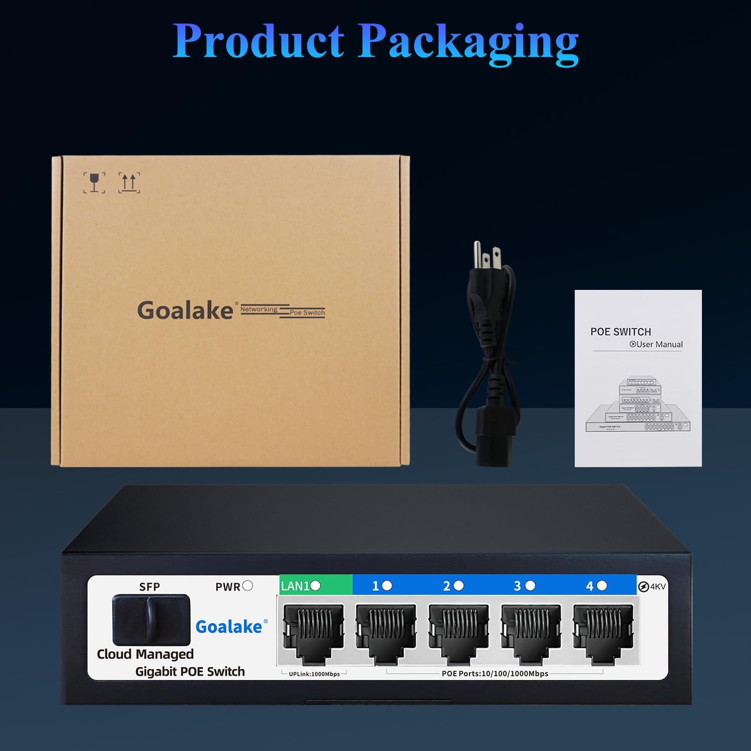 Goalake Easy Smart Managed PoE Switch 5 Port Gigabit and SFP Slot, with 4 Gigabit Port PoE+@52W, Fanless&Metal Design, Plug & Play, VLAN Mode, Overload Protection