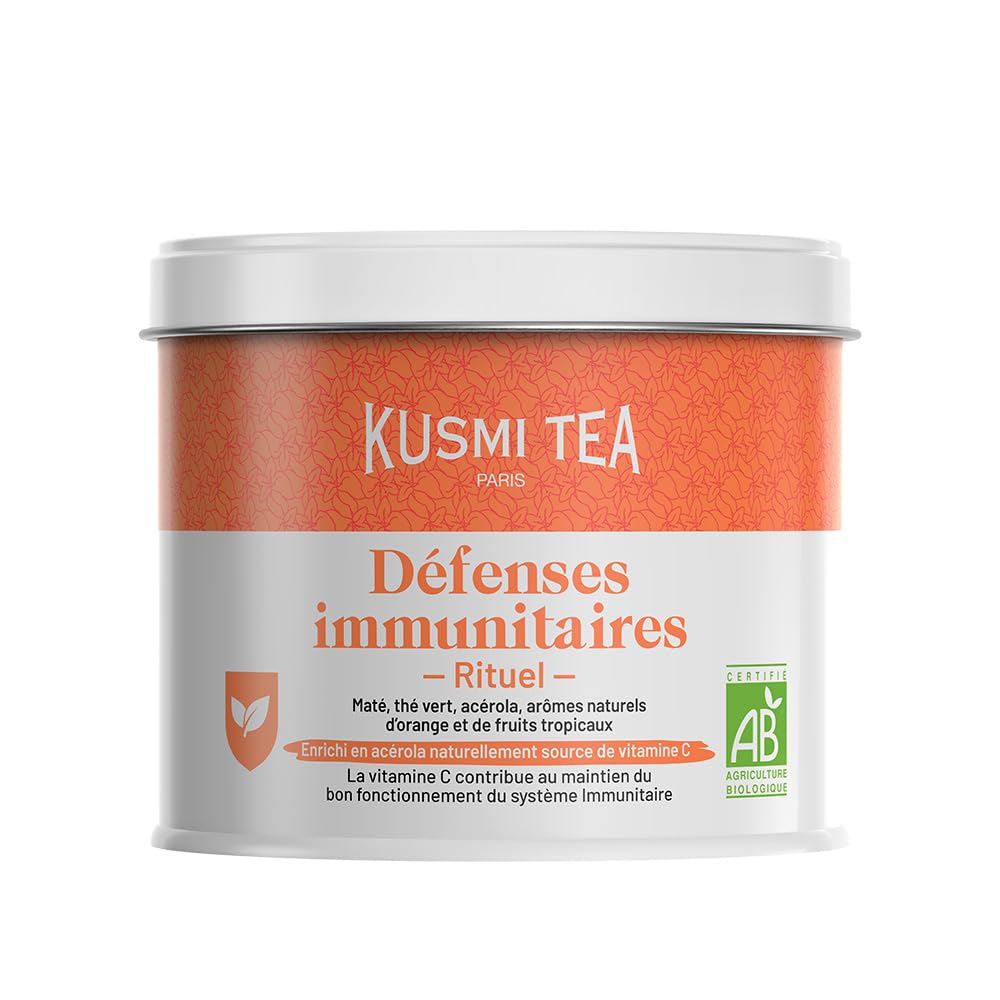 Kusmi Tea - Rituel Défense Immunitaires - Thé Bio - Thé Vert, Maté Bio Enrichi en Vitamine C - Acérola, Arômes Naturels d'Orange et de Fruits Tropicaux - Boîte Thé Métal 100g pour environ 50 Tasses