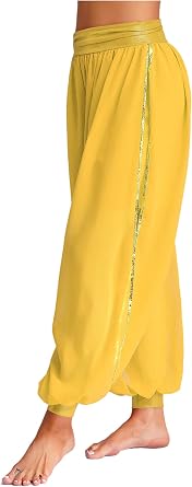 Hedmy Womens Belly Dance Harem Pants Side Slits Sequins Bloomers Halloween Fancy Pants Trousers