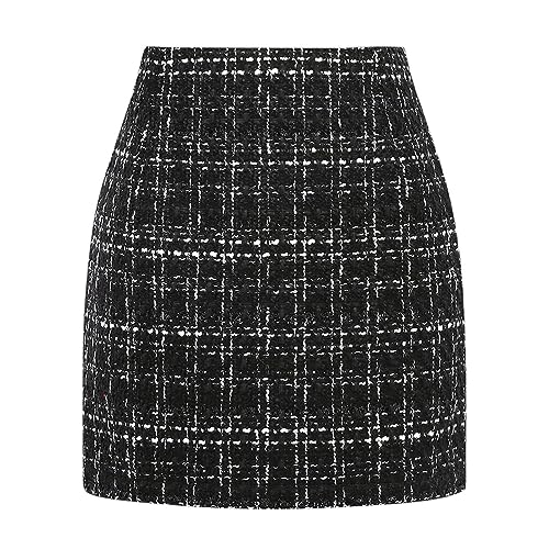Womens Black Tweed Plaid Mini Skirt Fall Winter High Waisted